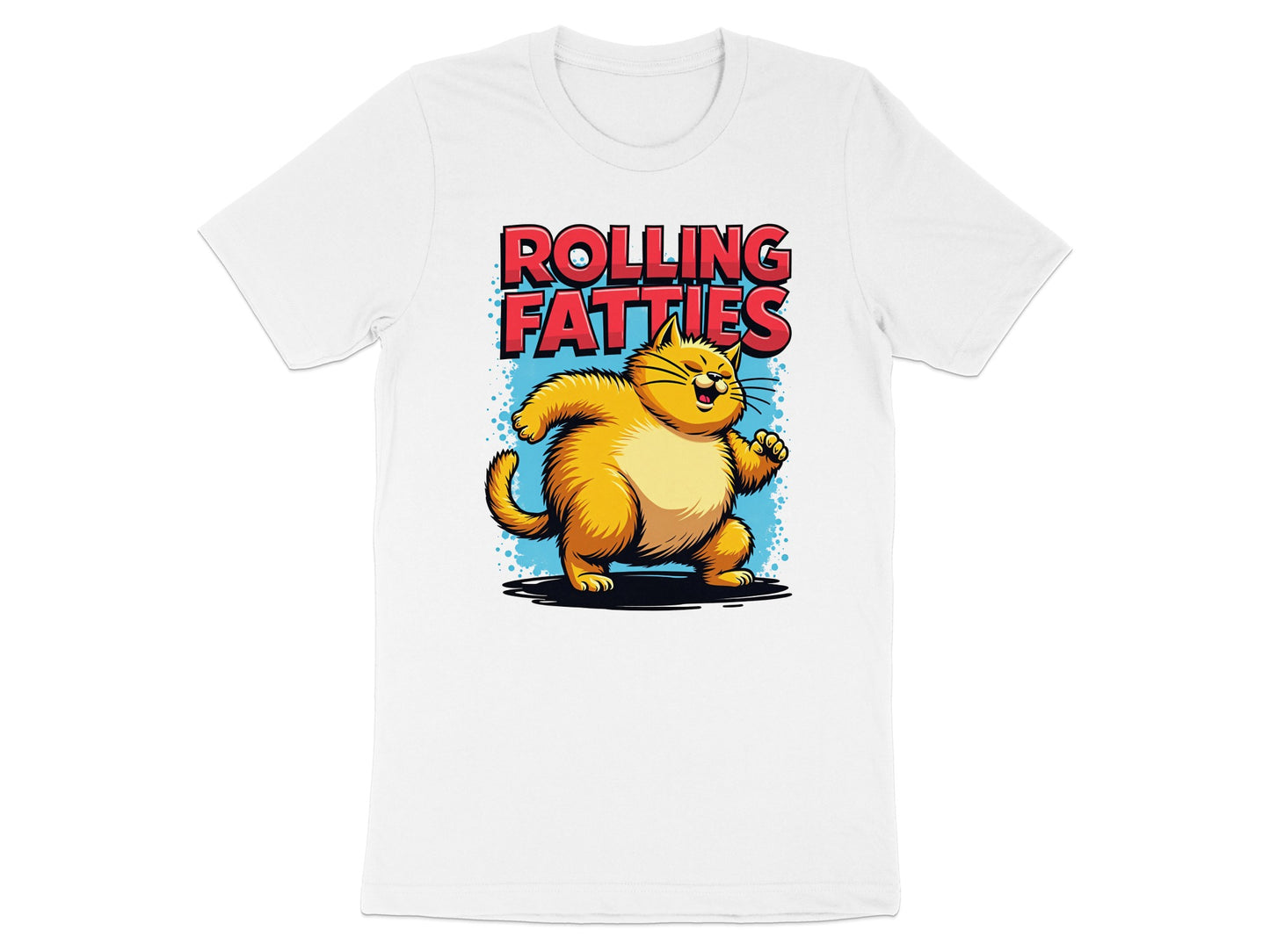 Orange cartoon cat with text "ROLLING FATties" on a white t-shirt.