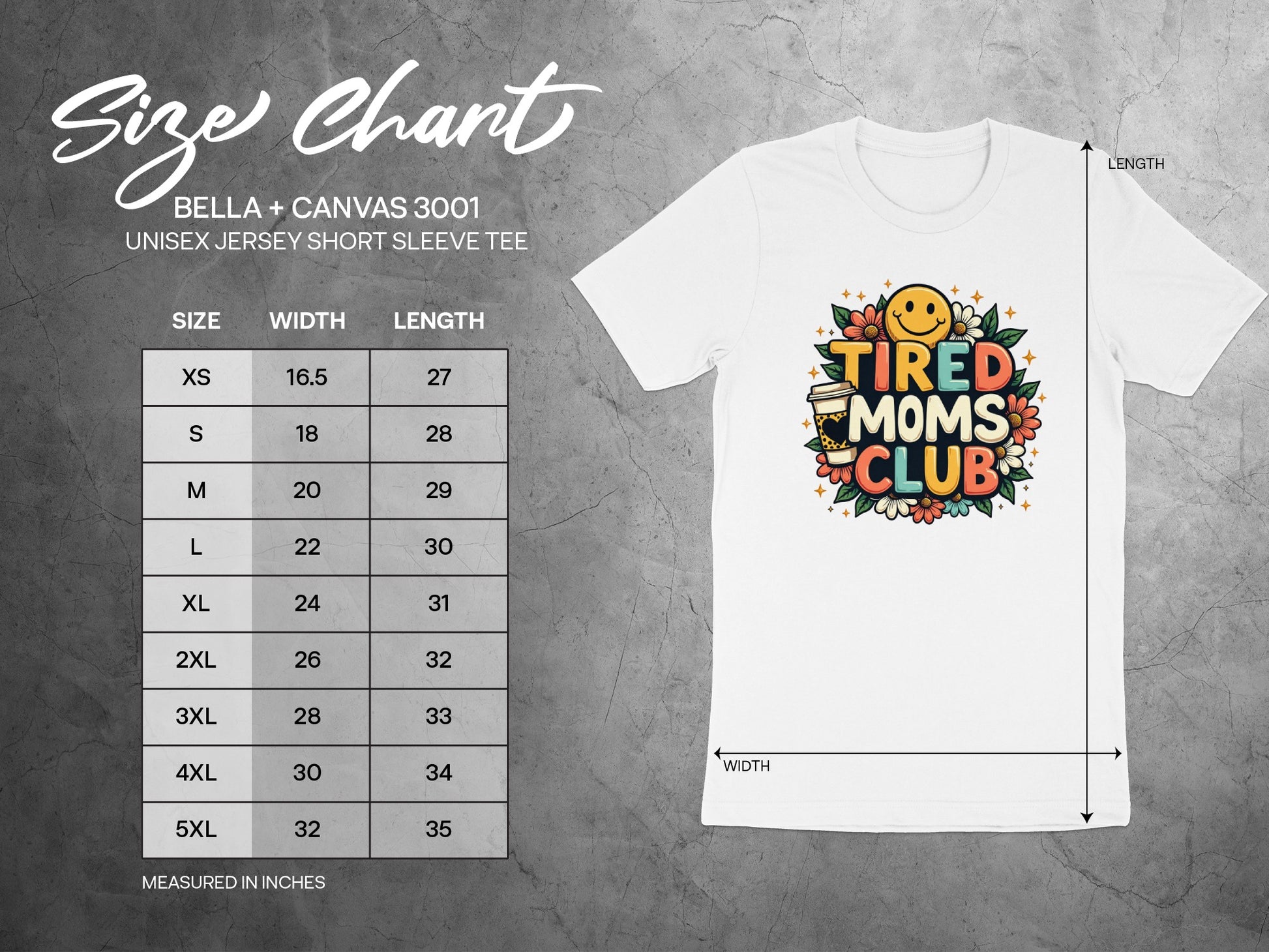 Size chart for Bella + Canvas 3001 unisex t-shirt with size, width, and length measurements.