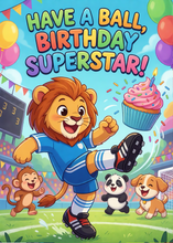 Load image into Gallery viewer, Soccer Birthday Card for Kids, Cute Lion Sports Greeting Card, Physical Printed Birthday Card for Boys and Girls, Soccer Party Supplies, 5x7
