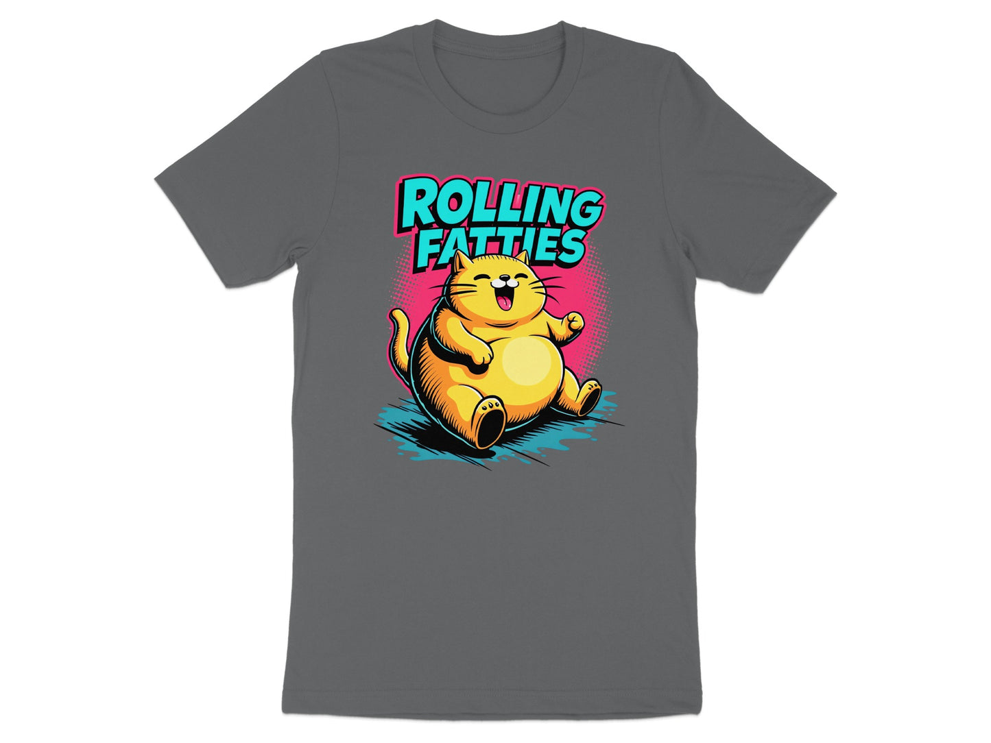 T-shirt with a cartoon cat graphic and the text "ROLLING FATTIES".