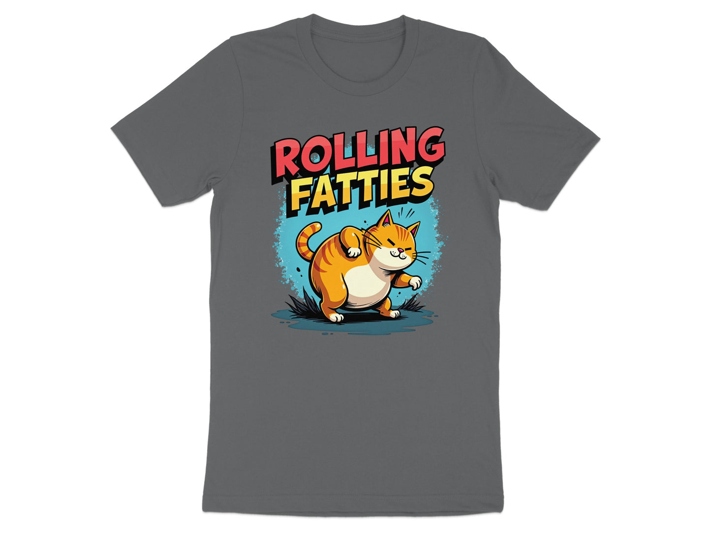 Cartoon cat wearing a t-shirt that says "Rolling Fatties."