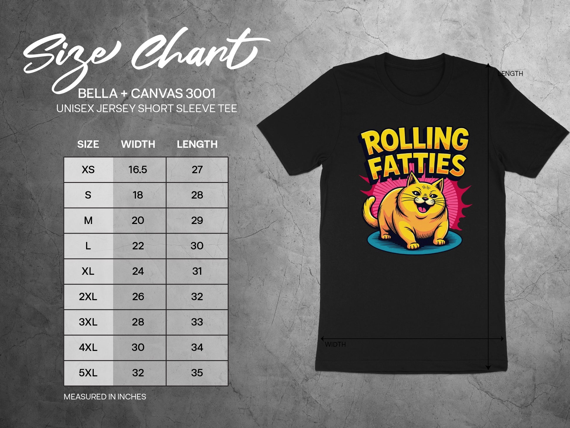 Size chart for Bella + Canvas 3001 unisex t-shirt, showing measurements for size, width, and length.