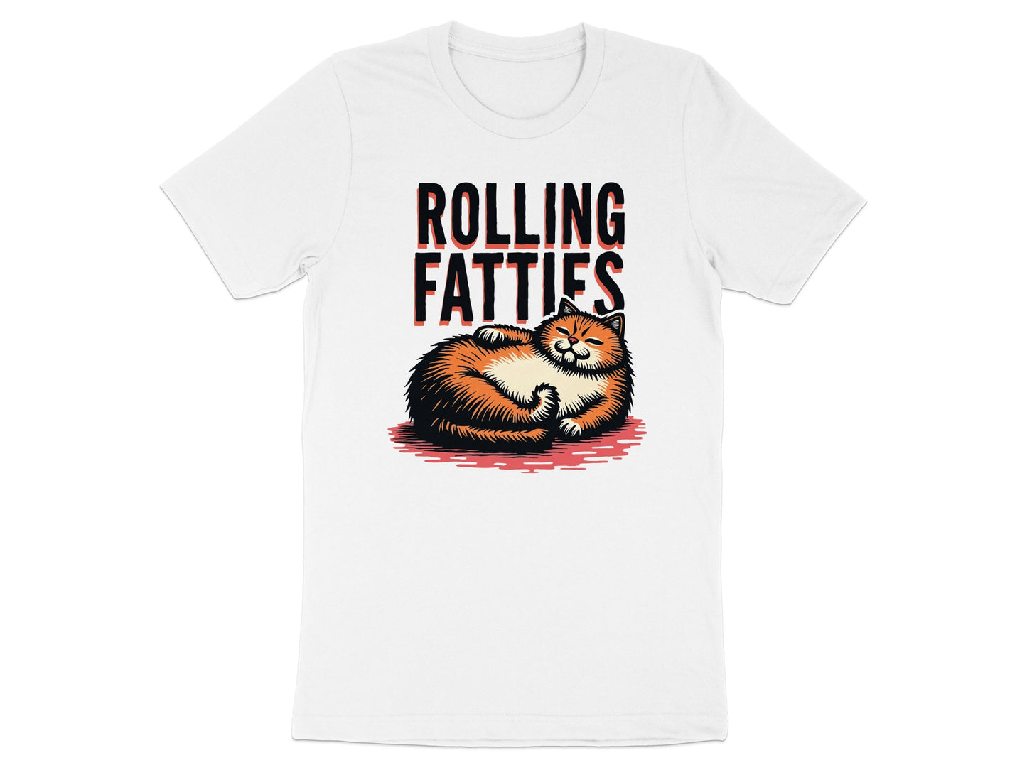T-shirt with "ROLLING FATlies" text above a sleeping, orange tabby cat.