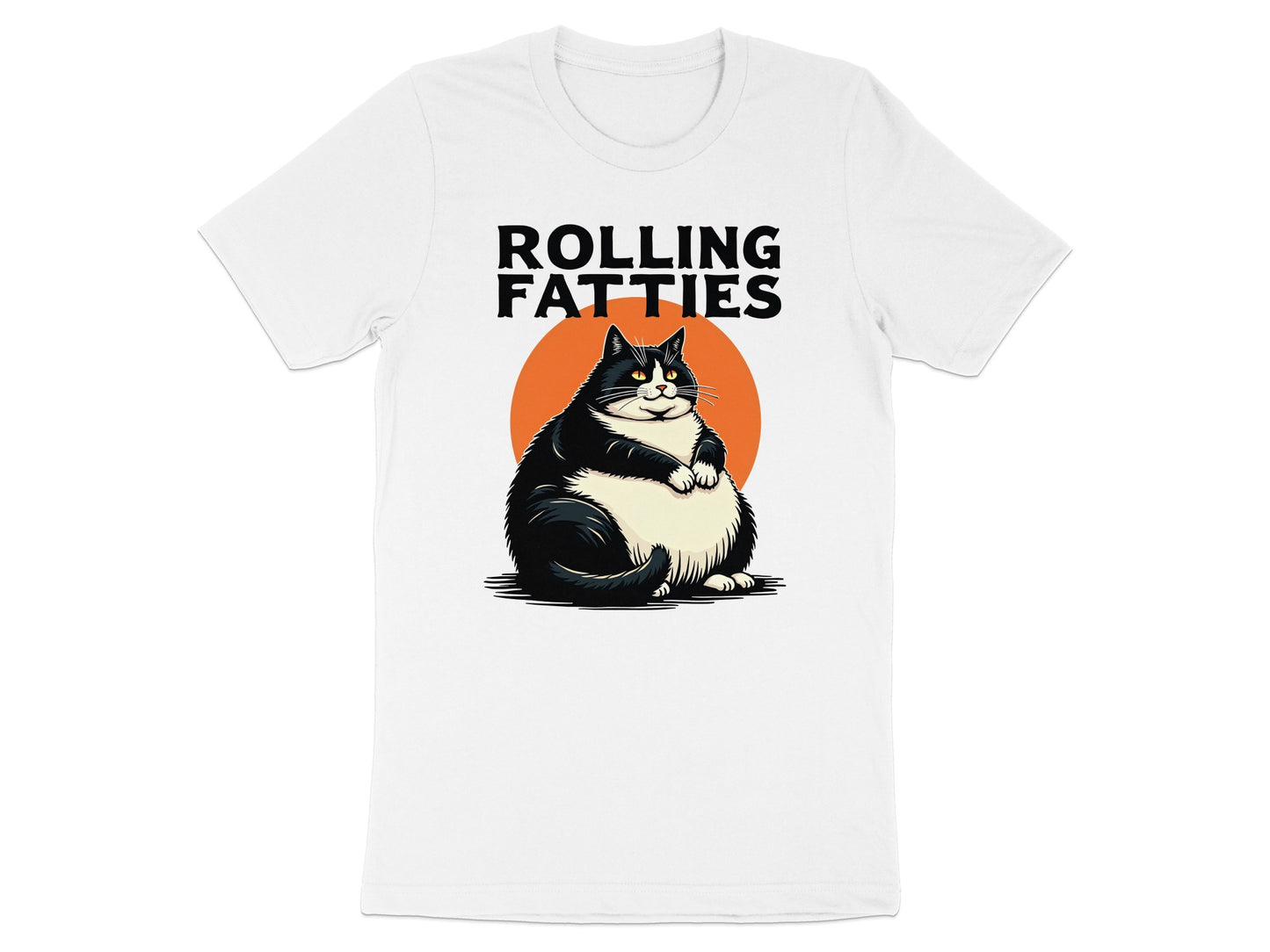 T-shirt with "ROLLING FATTIES" text above a cartoon fat black and white cat.