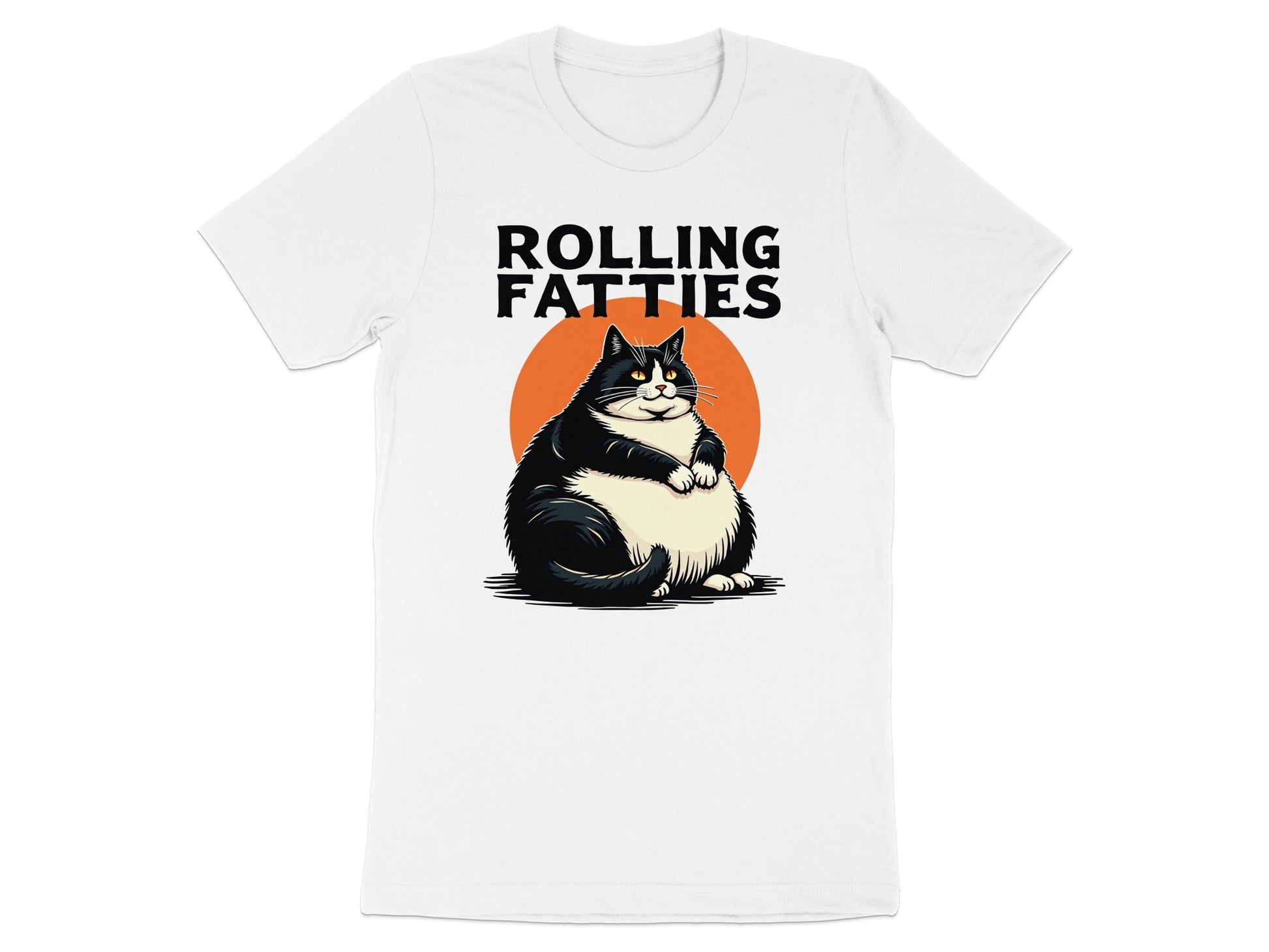 T-shirt with "ROLLING FATTIES" text above a cartoon fat black and white cat.