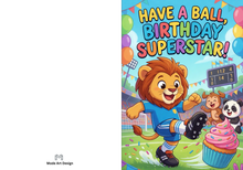 Load image into Gallery viewer, Soccer Birthday Card, Cute Lion Sports Greeting Card for Boys Kids, Printed Physical Card, Have a Ball Soccer Birthday Party Supplies
