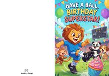 Load image into Gallery viewer, Printed Soccer Birthday Card, Sports Themed Greeting Card for Kids, Boys Soccer Party Card, Cute Animal Birthday Card with Envelope
