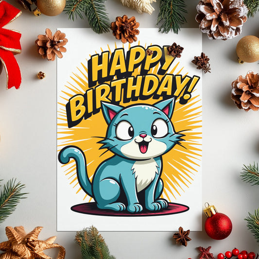 Blue cartoon cat with "Happy Birthday!" text, surrounded by festive decorations.