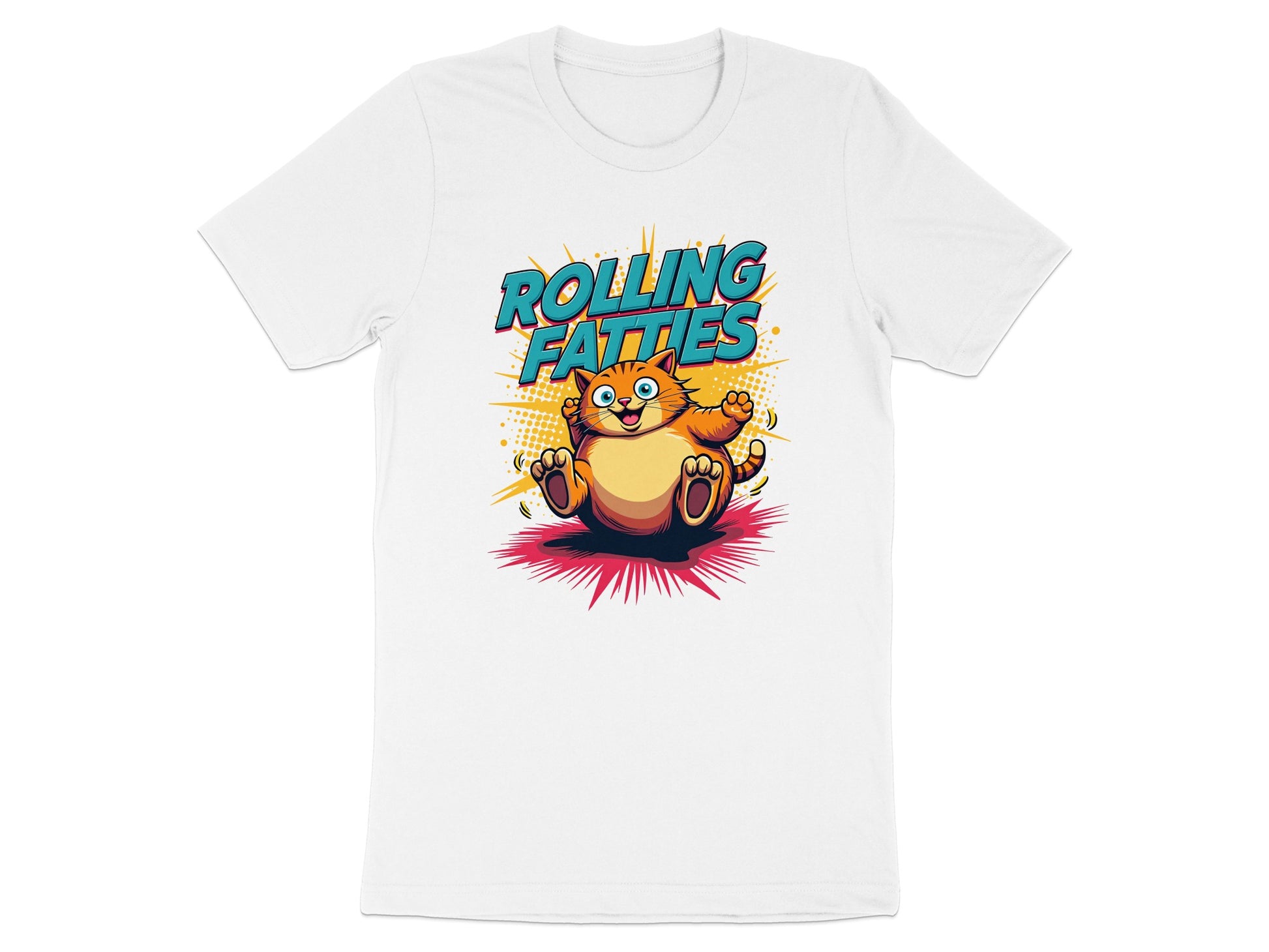 Cartoon orange cat with text "ROLLING FATTIES" on a white t-shirt.