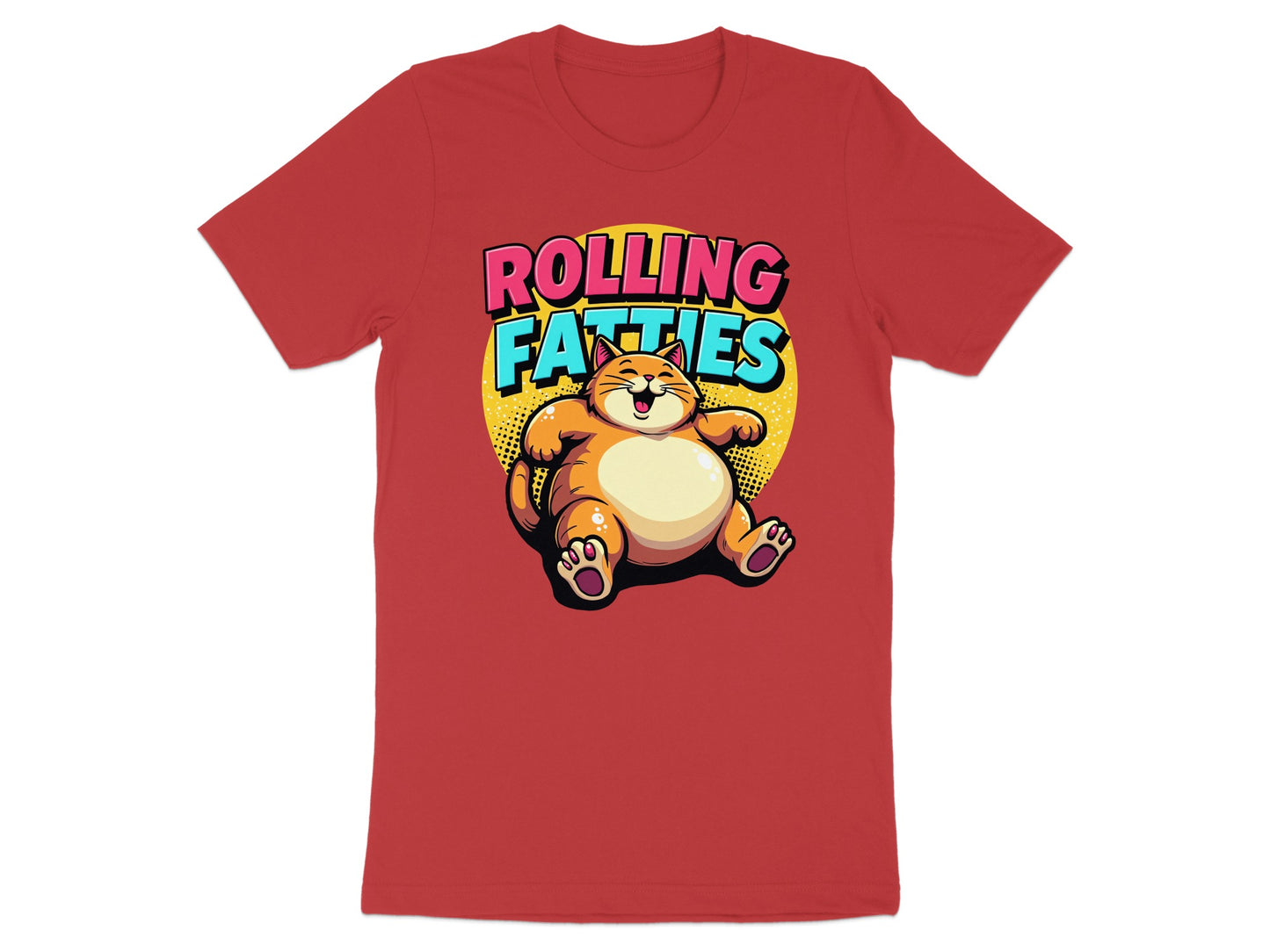 Cartoon cat wearing shirt with "Rolling Fatties" text.