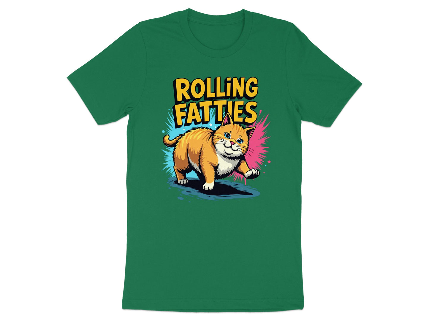 Orange cat with "ROLLING FATTIESS" text, walking with colorful splashes.
