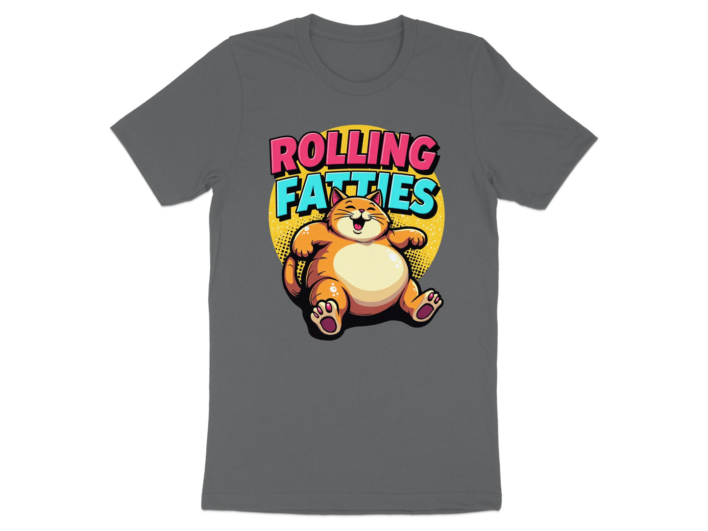 Chubby cartoon cat with "ROLLING FATTIES" text.
