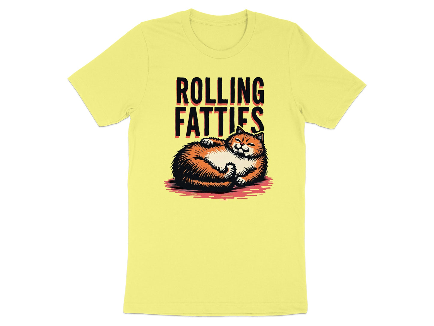 Yellow t-shirt with "ROLLING FATTIES" text above a cartoon orange tabby cat.