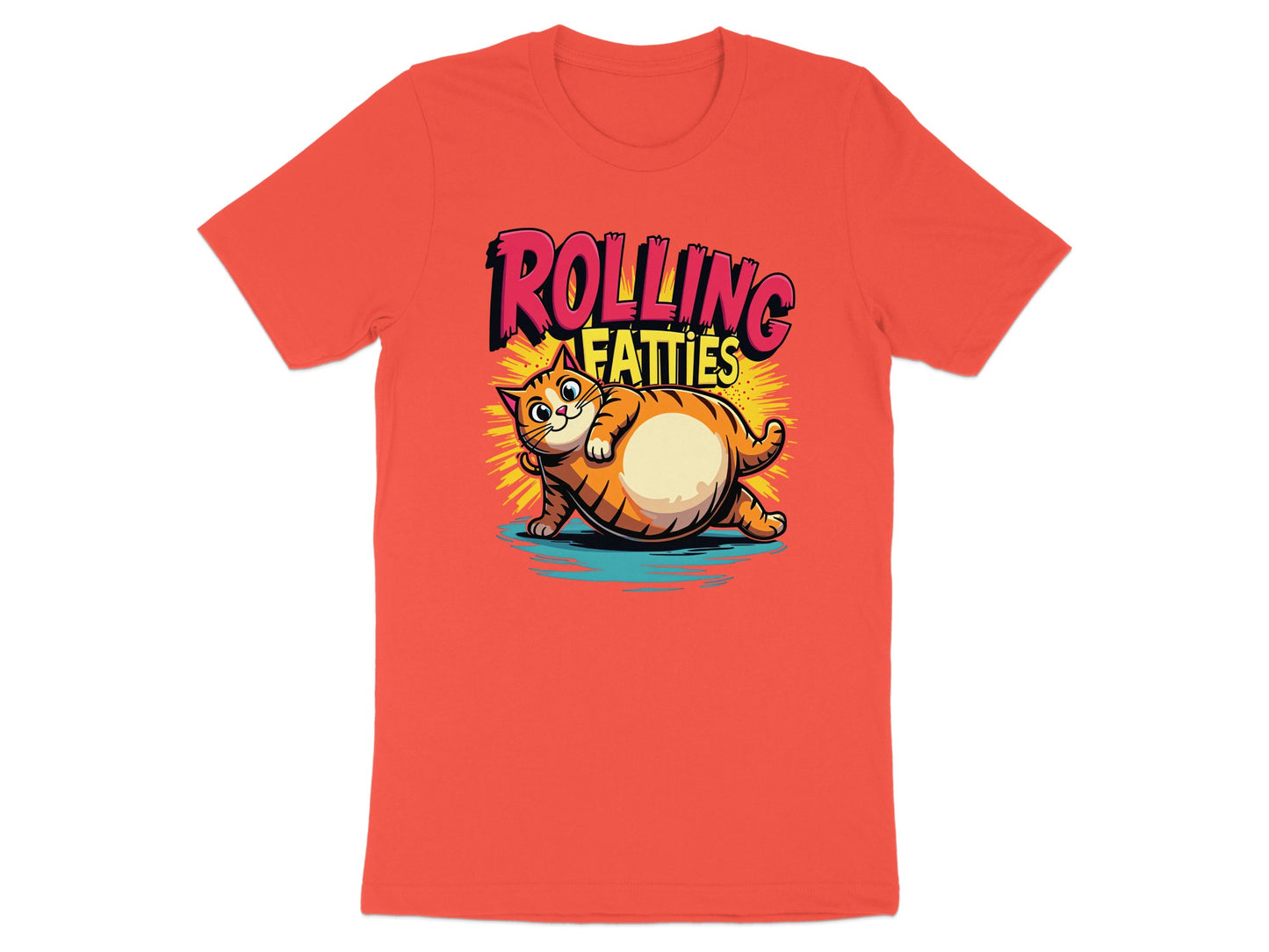 Orange t-shirt with cartoon cat and text "ROLLING FATTTIES".