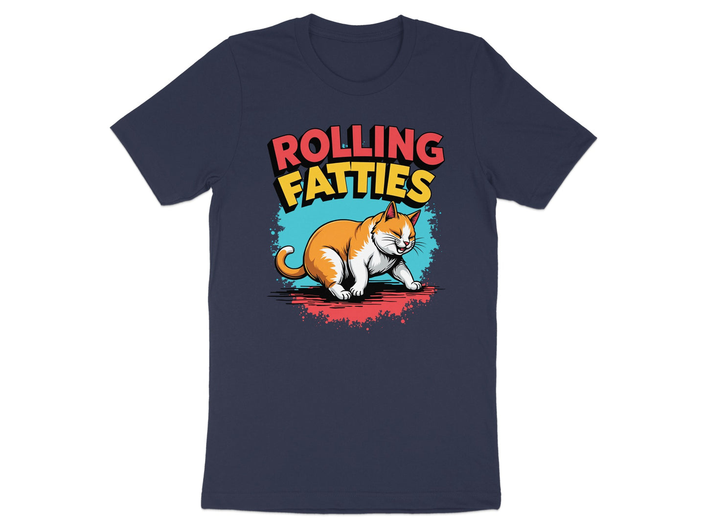 Navy t-shirt with cartoon cat and "ROLLING FATIIES" text.