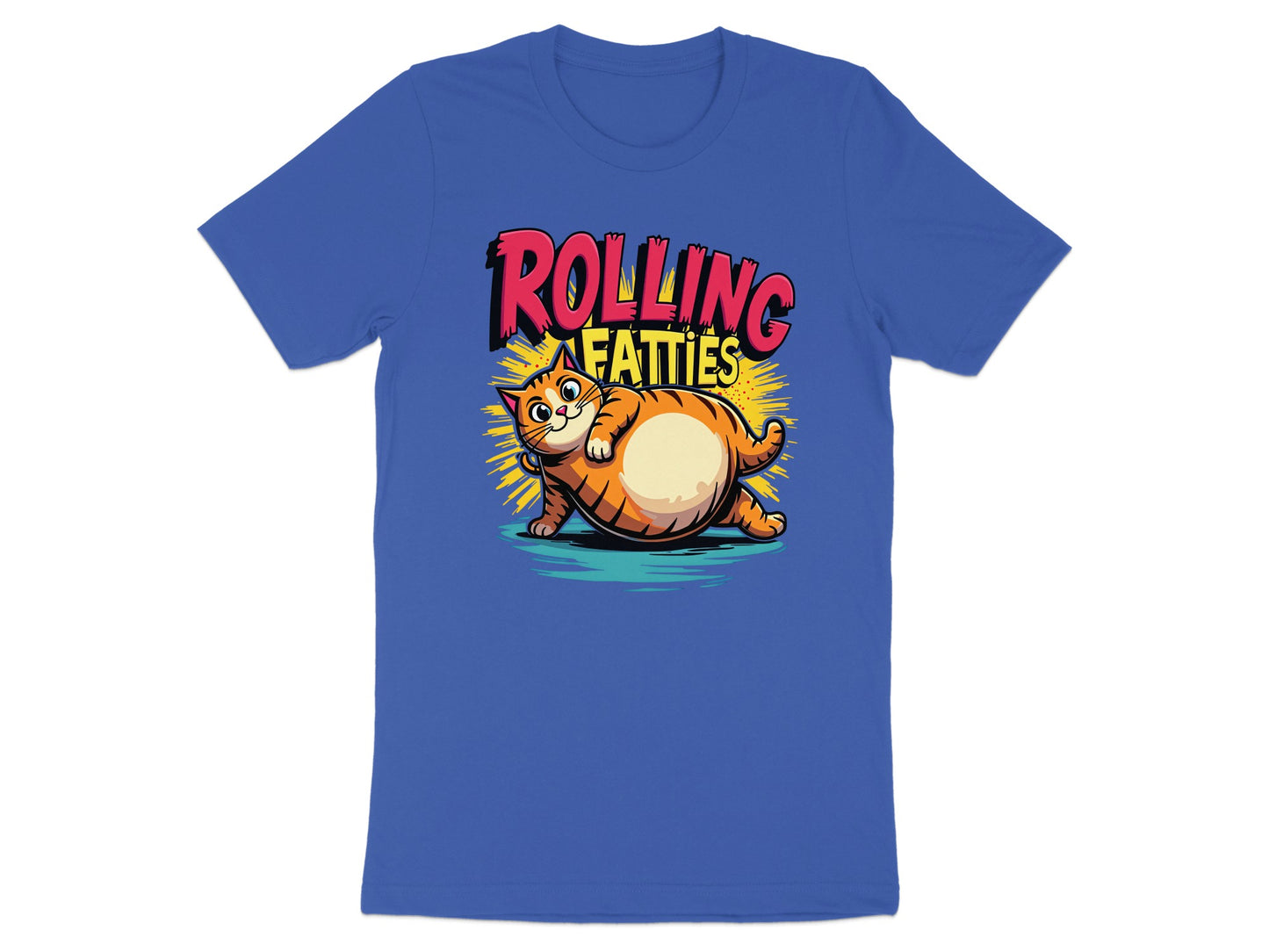 Cartoon cat with "ROLLING FATTIES" text on a blue t-shirt.