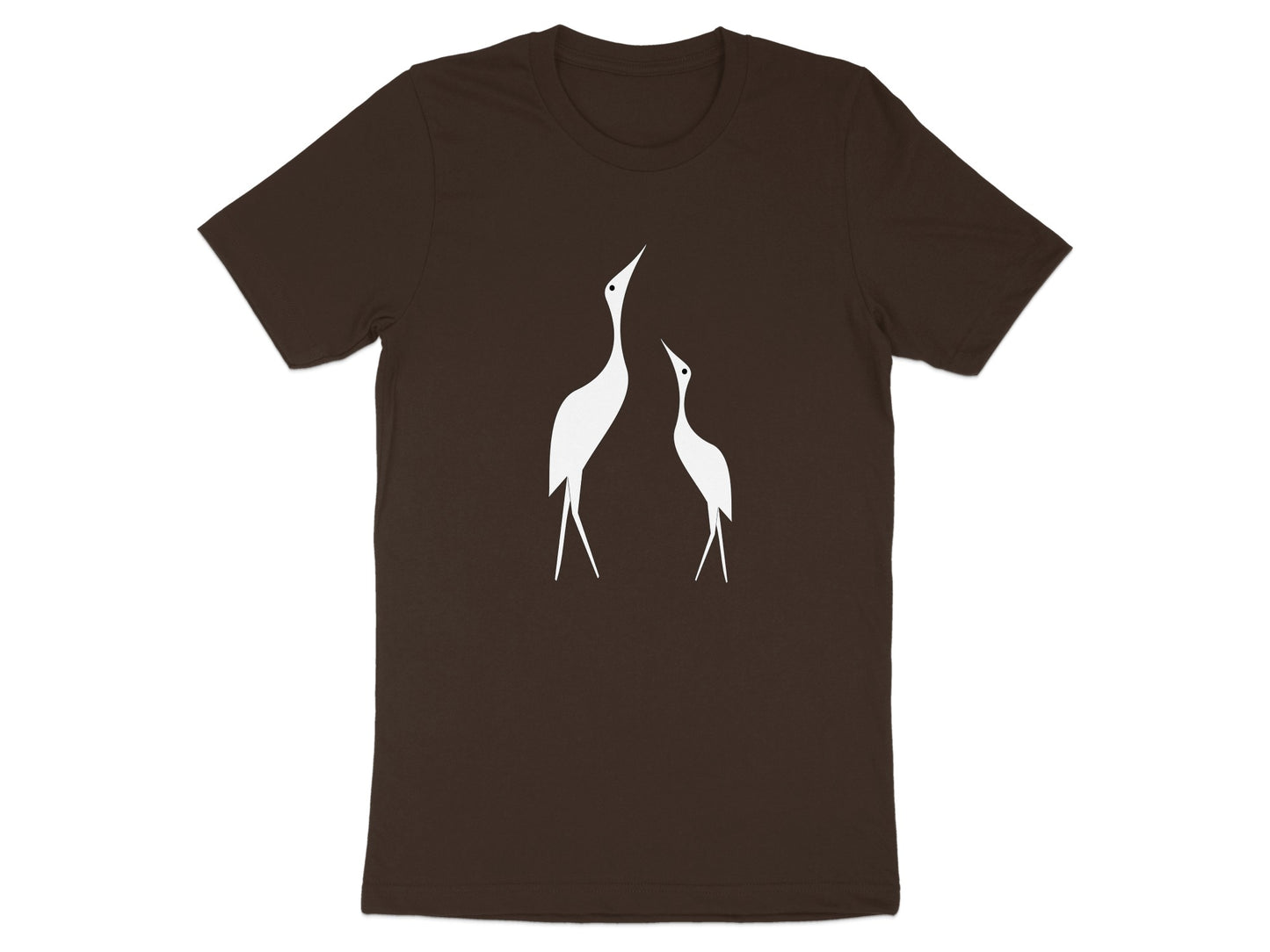 Brown t-shirt with white minimalist outline of two cranes looking upwards