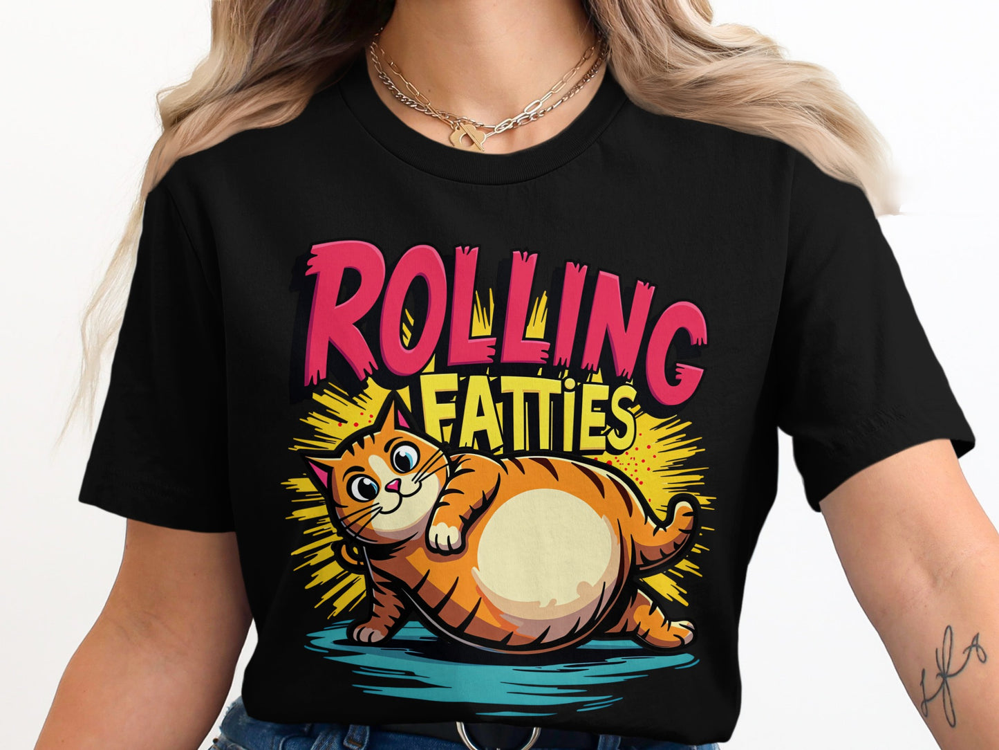 T-shirt with cartoon cat and text "ROLLING FATTIES".