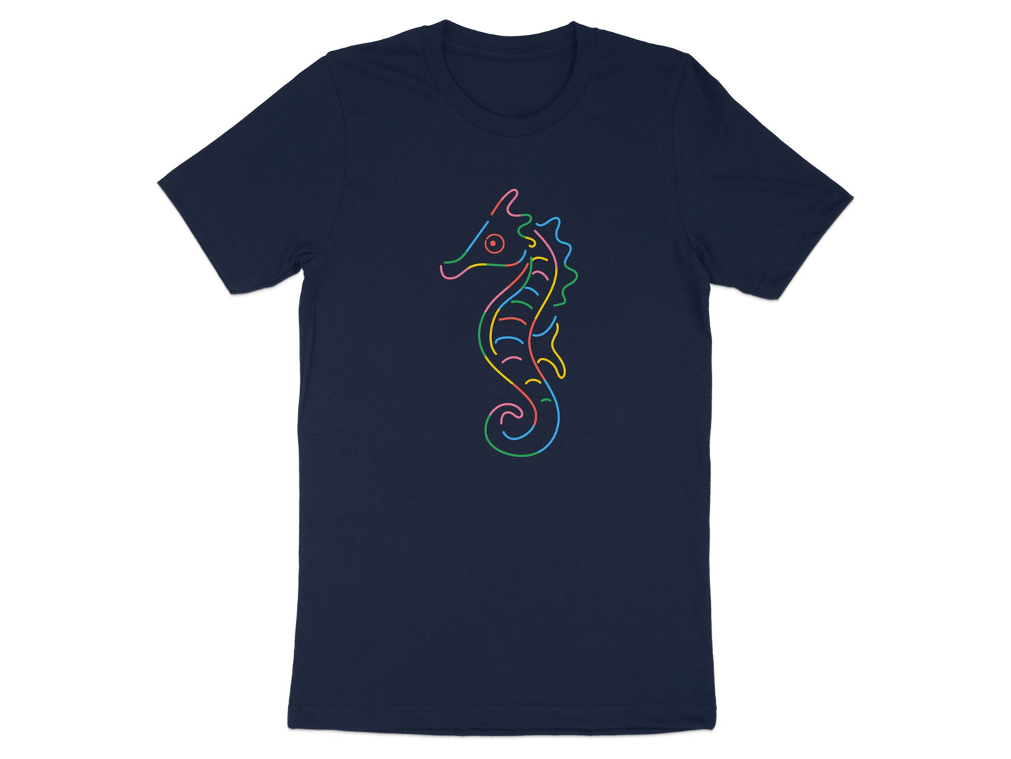 Navy t-shirt with a multicolored outline of a seahorse.