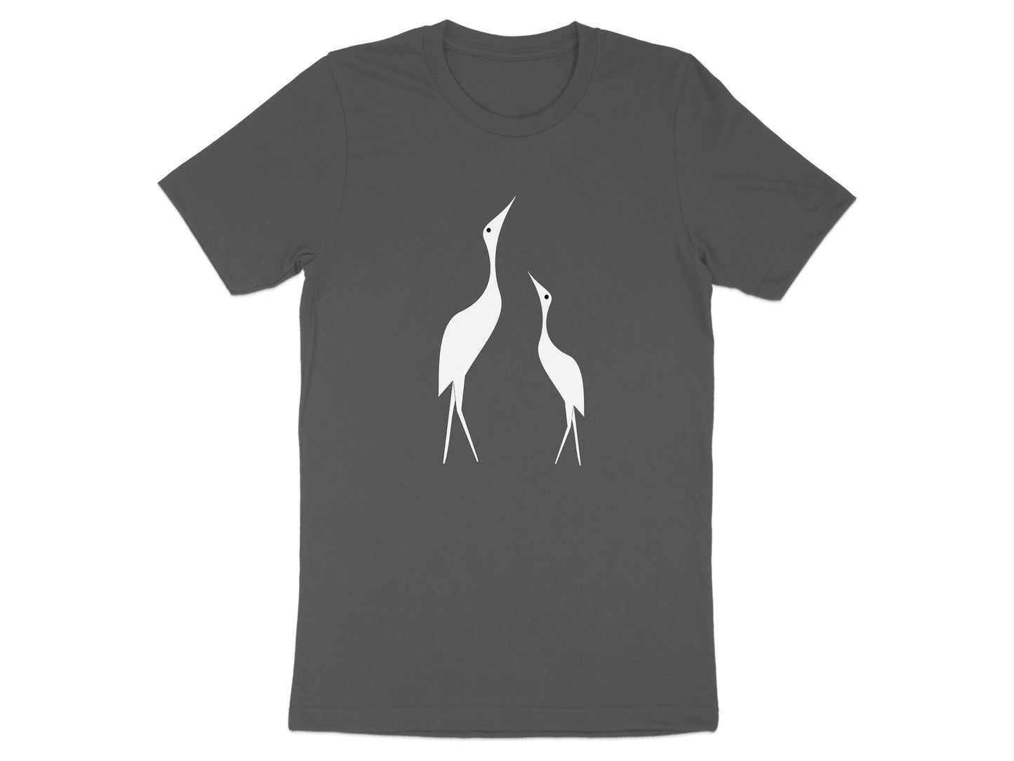 Charcoal t-shirt with two white minimalist cranes looking up.