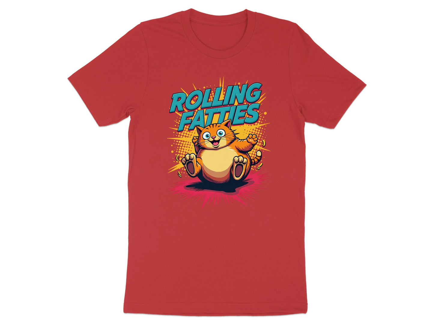 Cartoon cat with "Rolling Fatties" text on a red t-shirt.