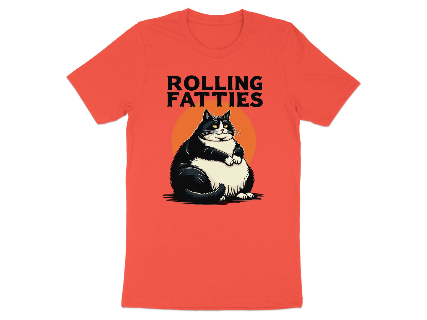 Black and white fat cat sitting with "ROLLING FATTY'S" text above.