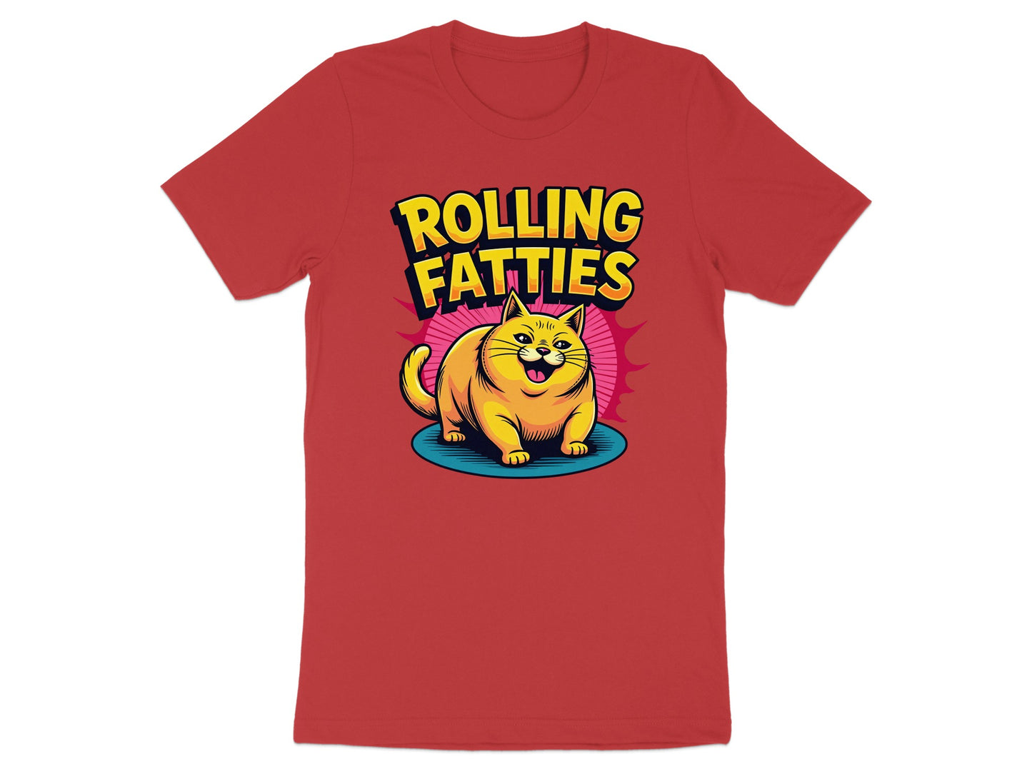 Red t-shirt with cartoon cat and "Rolling Fatties" text.