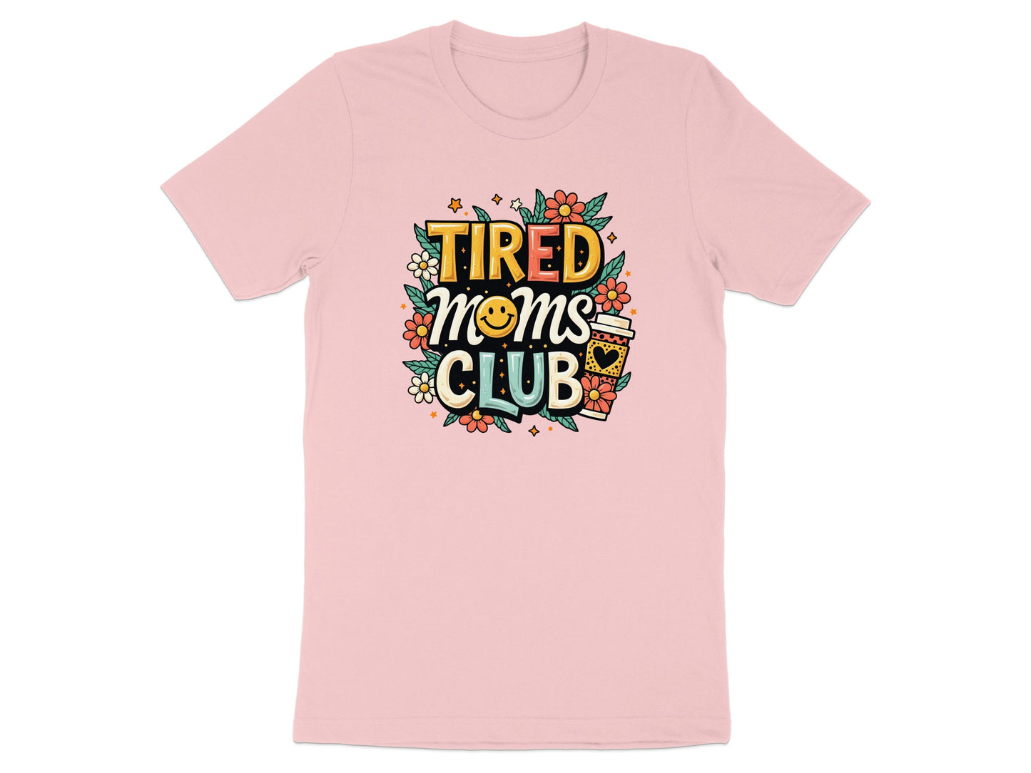 Pink t-shirt with "Tired Moms Club" text and floral graphics.