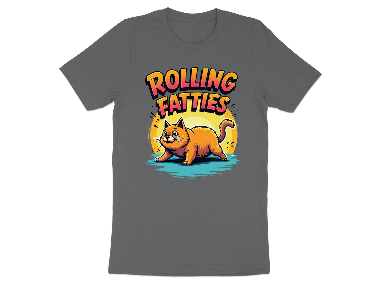 Orange cartoon cat on gray t-shirt with "ROLLING FATTIES" text.