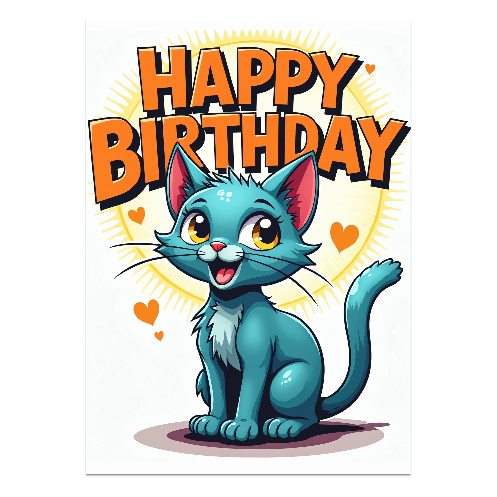 Blue cartoon cat with orange "Happy Birthday" text and yellow sunburst.