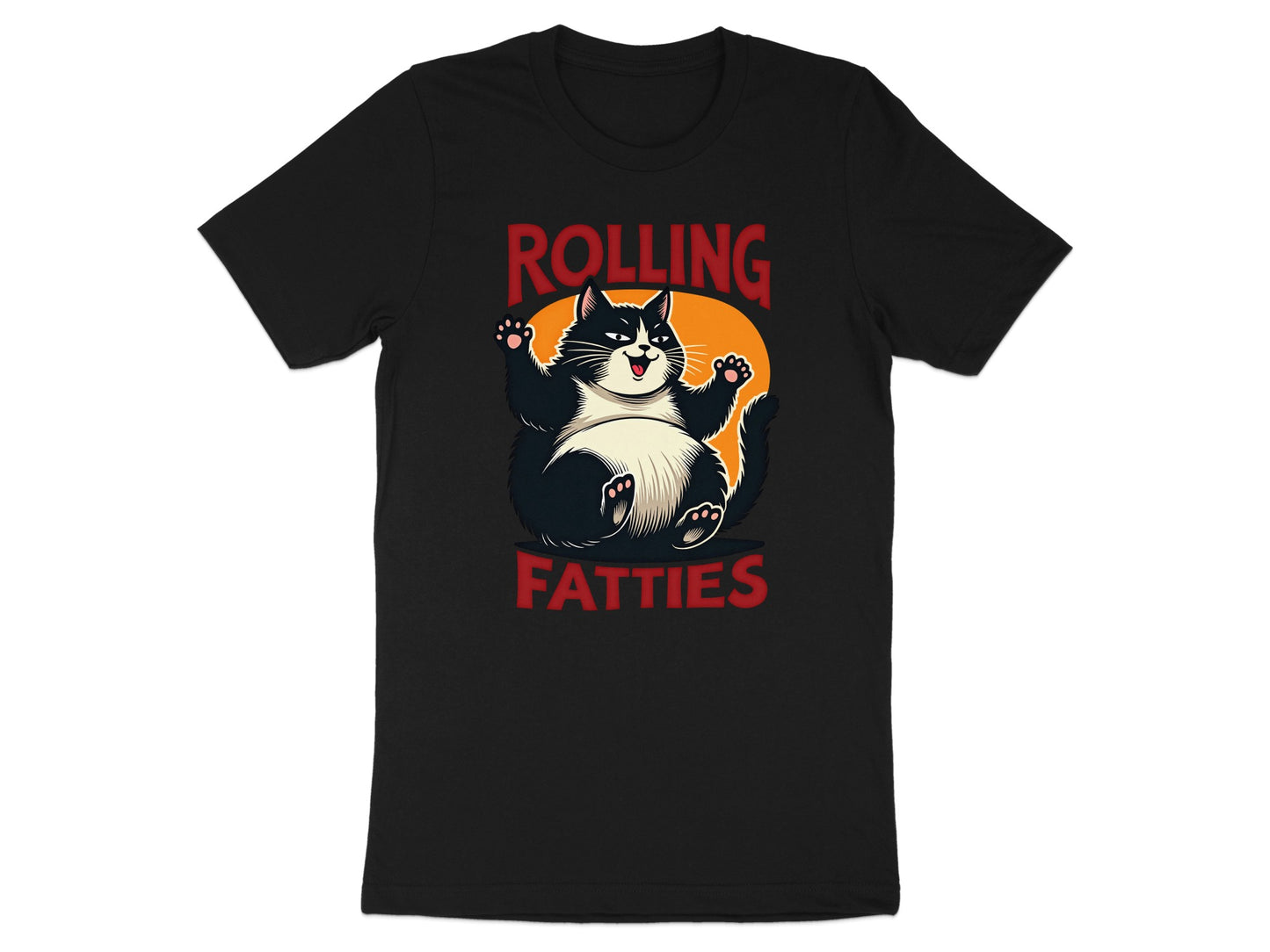 Black t-shirt with cartoon cat and text "ROLLING FATTTIES".
