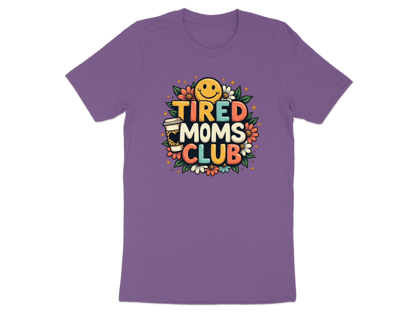 Purple t-shirt with "Tired Moms Club" text and smiley face.