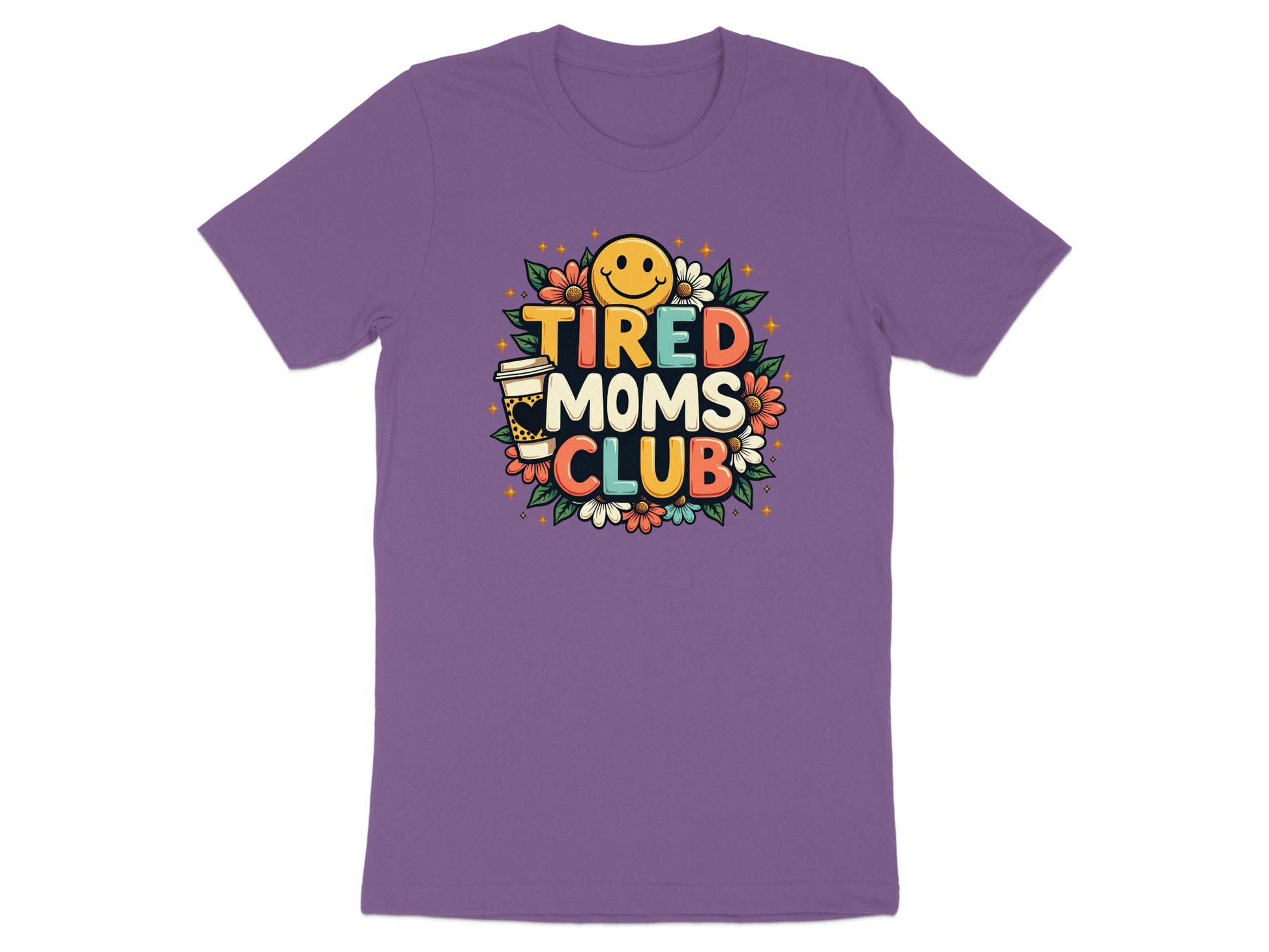 Purple t-shirt with "Tired Moms Club" text and smiley face.
