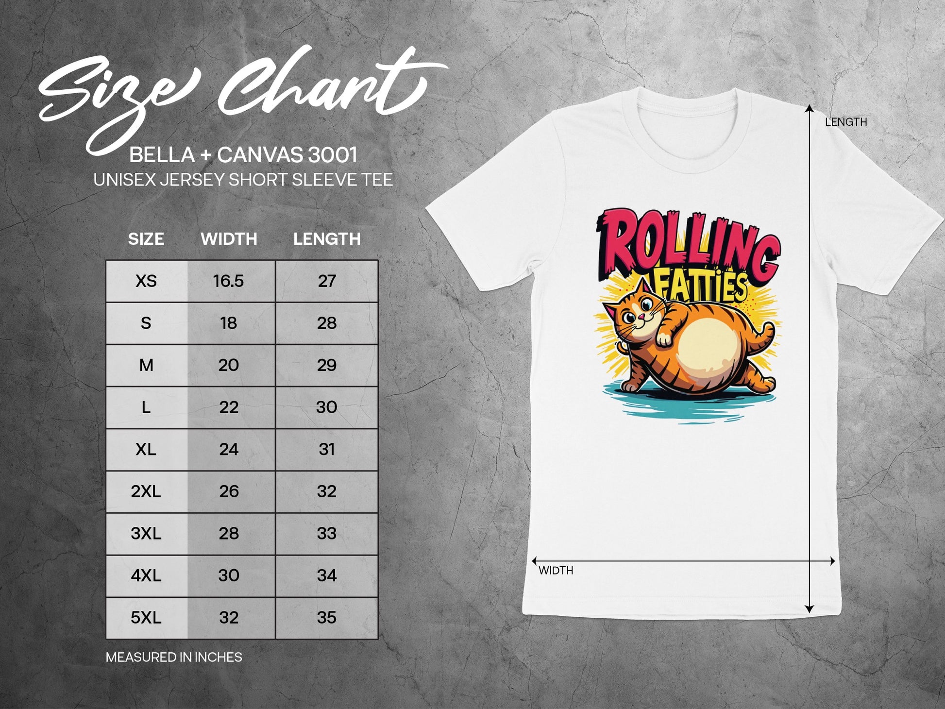 Size chart for Bella + Canvas 3001 unisex t-shirt with cartoon cat graphic.
