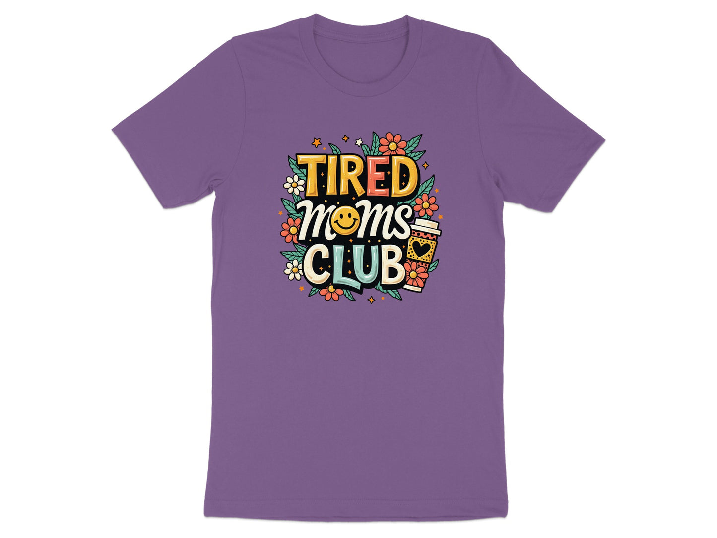 Purple t-shirt with "Tired Moms Club" graphic and coffee cup.