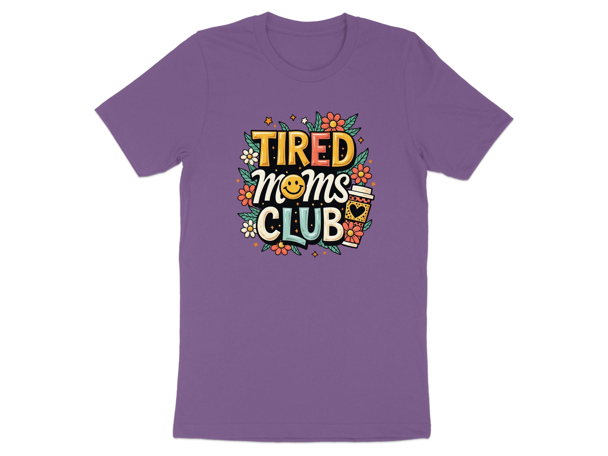 Purple t-shirt with "Tired Moms Club" graphic and coffee cup.