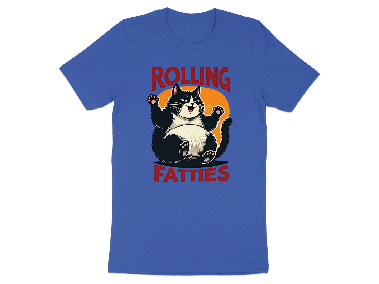 Blue t-shirt with "ROLLING FATTTIES" text and a cartoon black and white cat.