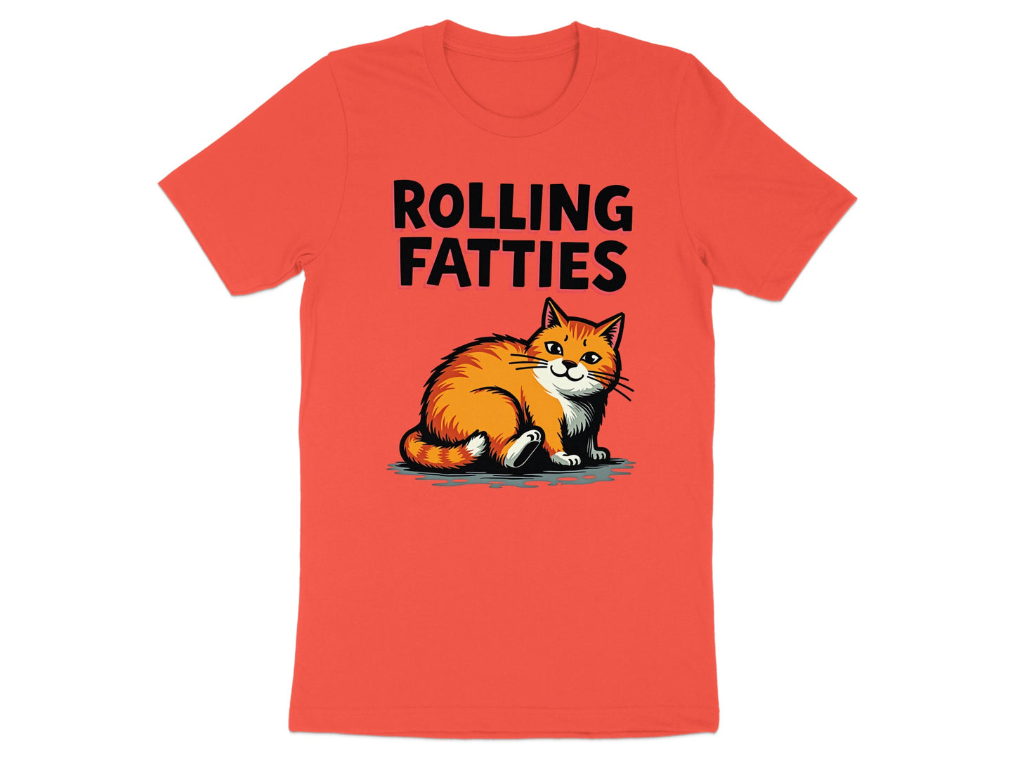 Orange tabby cat sitting on a t-shirt with "ROLLING FATIIES" text.