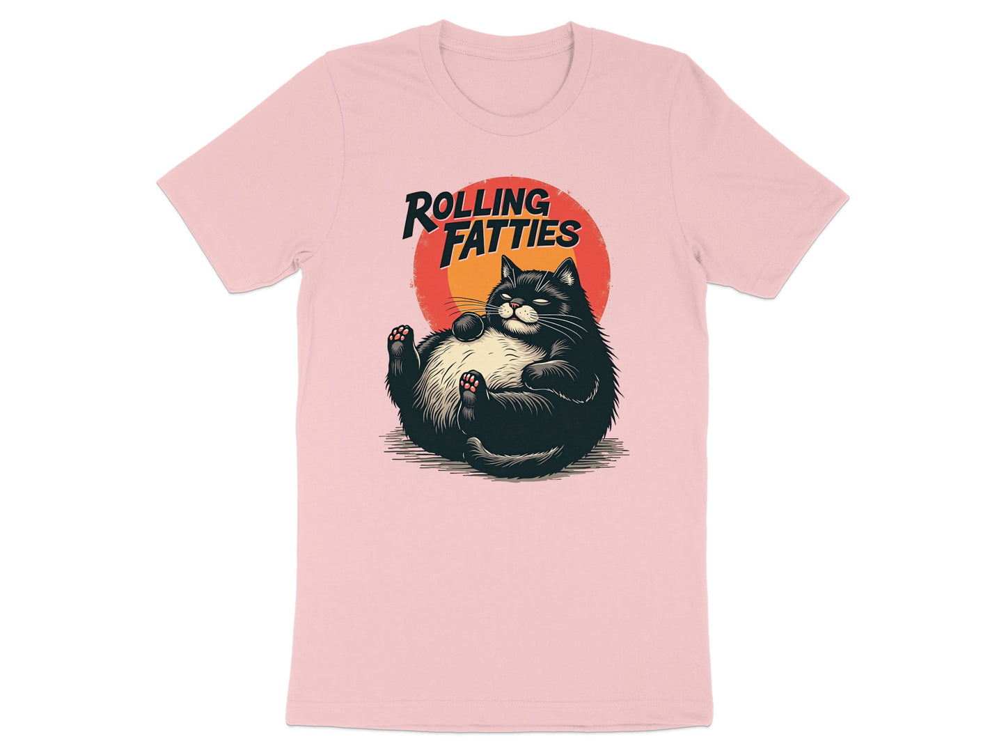 Black cat lounging on a pink t-shirt with "Rolling Fatties" text.