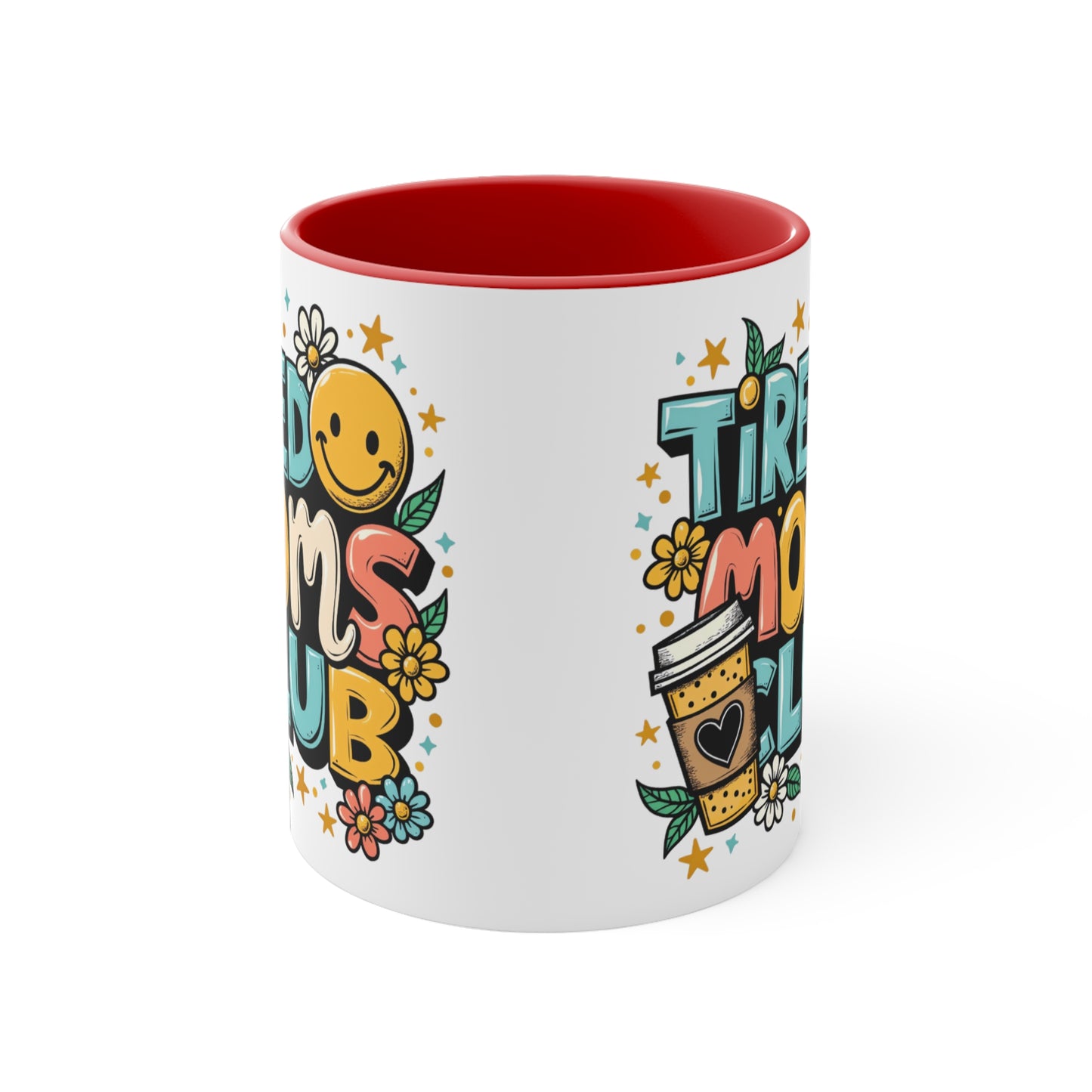 "Tired Mom Club" mug with a smiling emoji and coffee cup graphics.