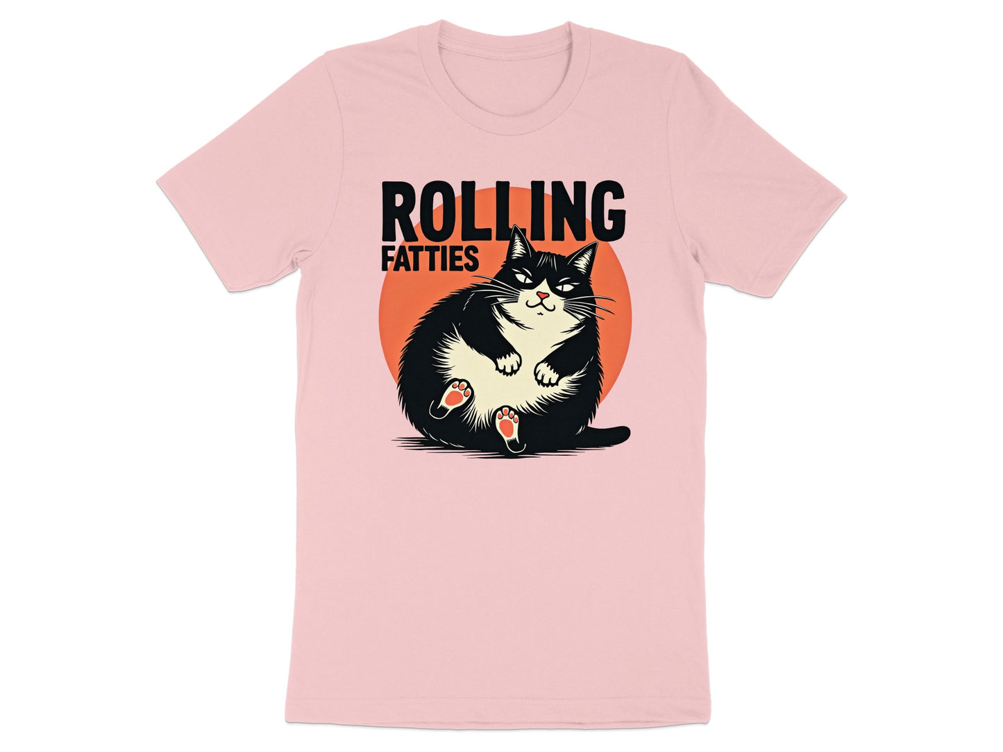 T-shirt with a chubby black cat and "Rolling Fatties" text.