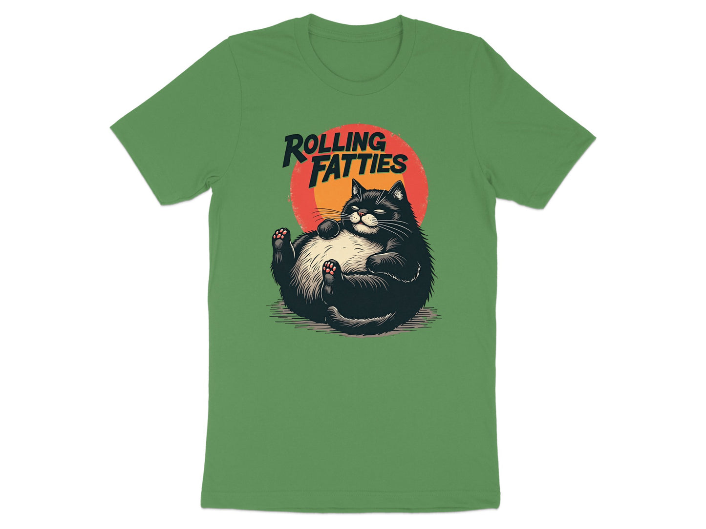 Fat cat graphic with "Rolling Fatties" text on a green t-shirt.