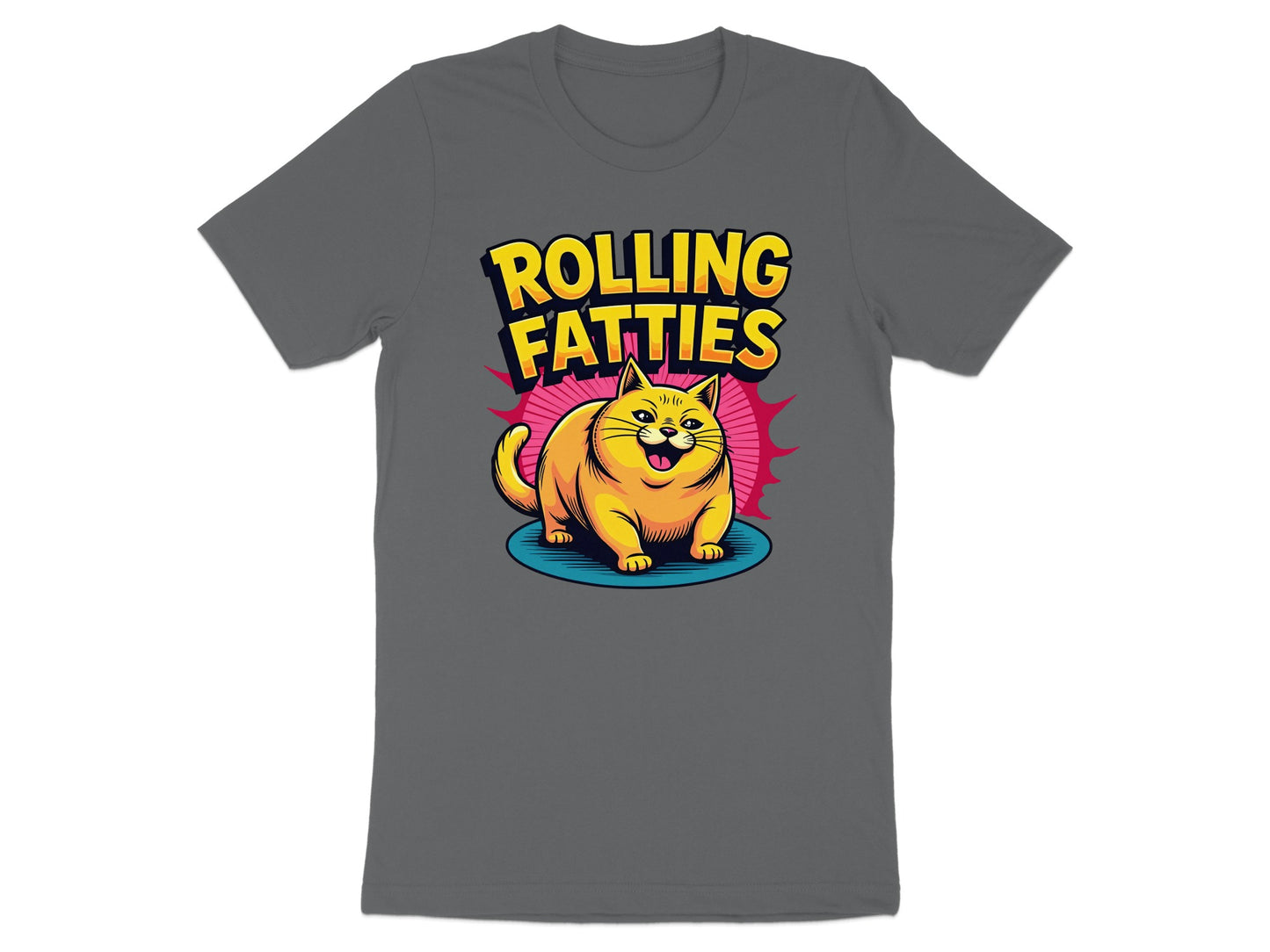 Cartoon cat with "Rolling Fatties" text on a gray t-shirt.
