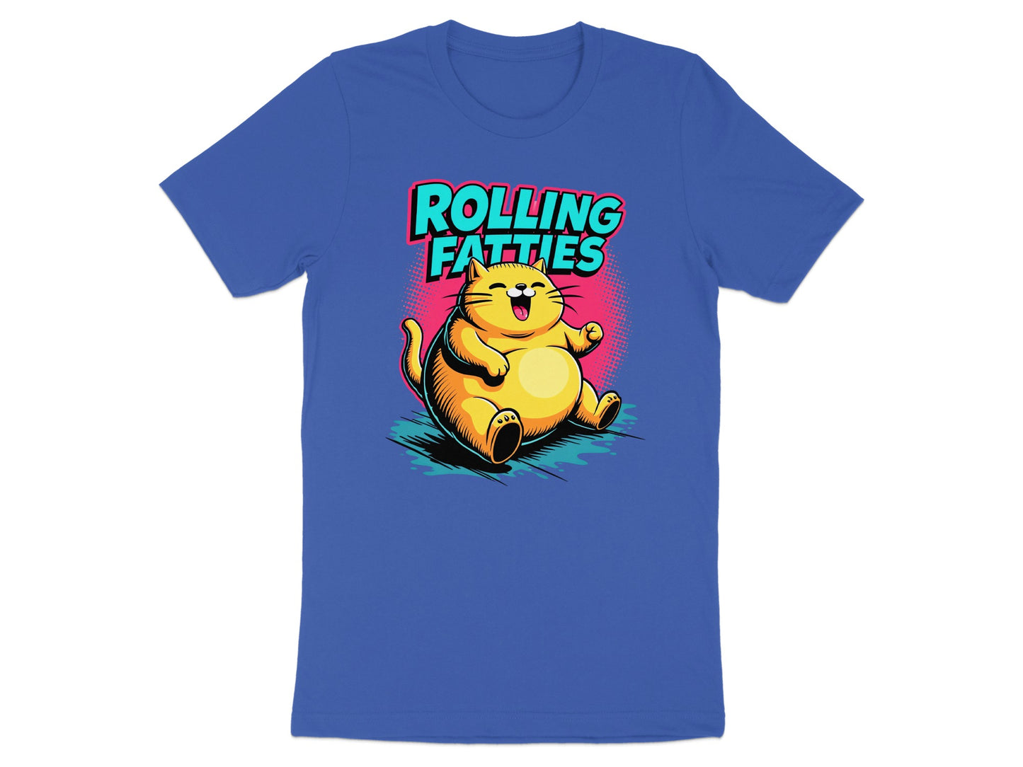 Blue t-shirt with cartoon cat and "ROLLING FATTIES" text.