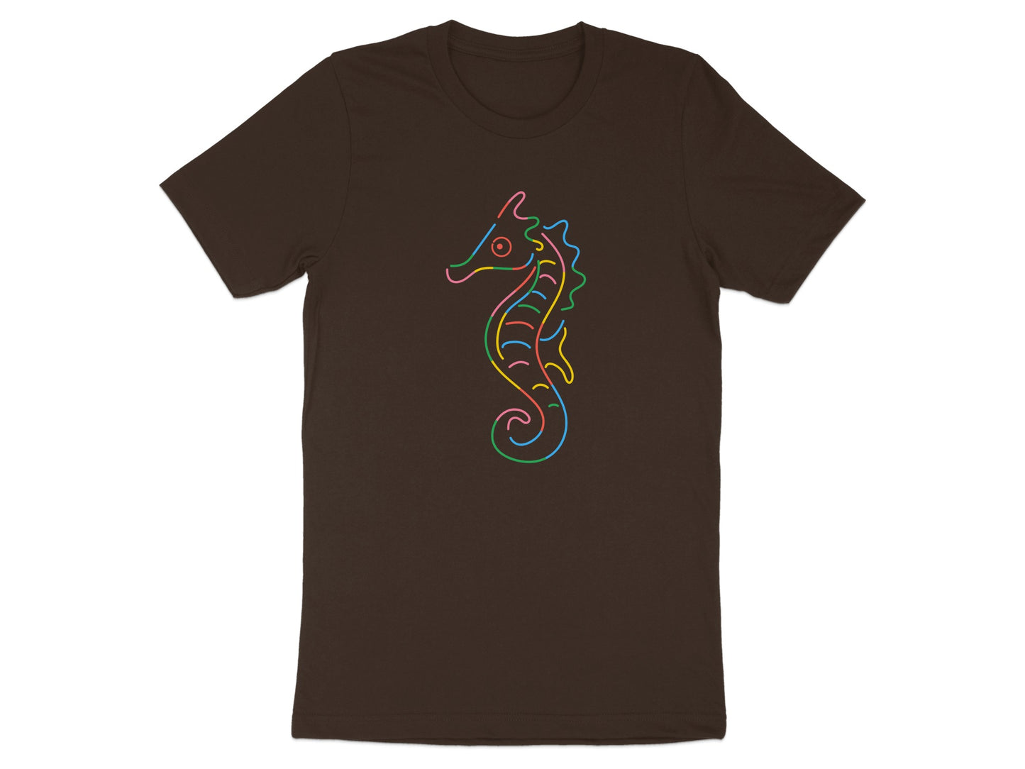 Brown t-shirt with a colorful line art seahorse graphic.