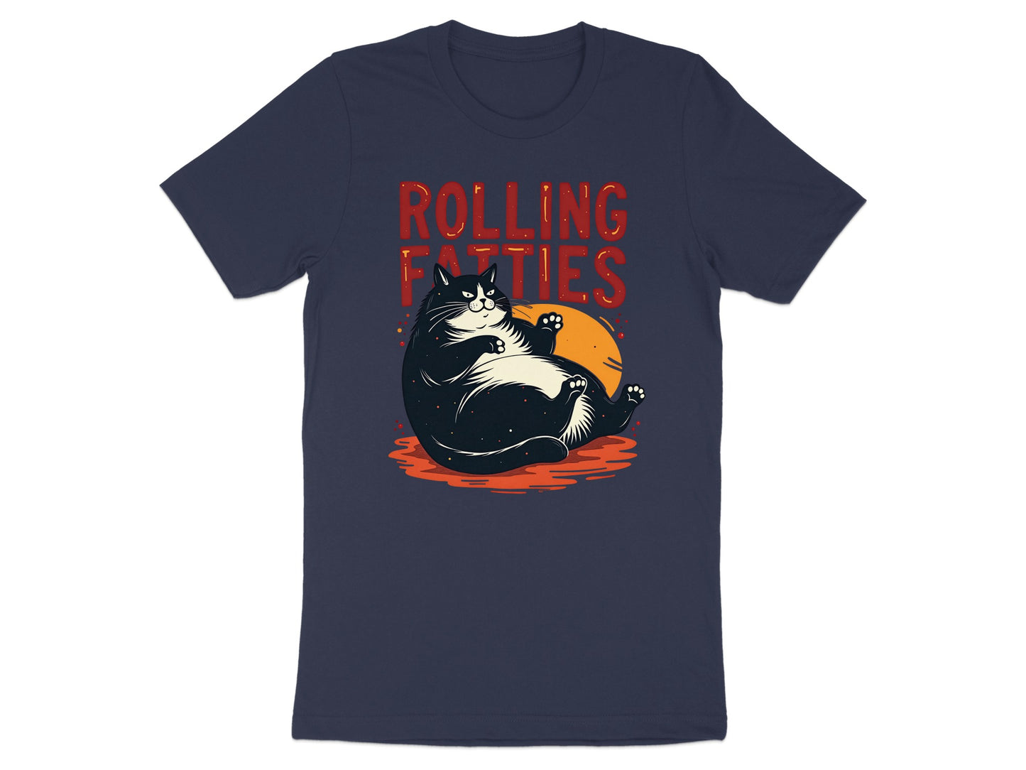 Dark t-shirt with a cartoon cat and "ROLLING FATTEST" text.