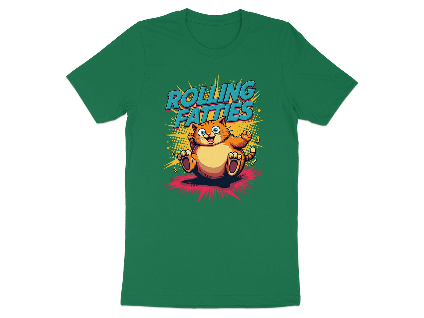 Green t-shirt with cartoon cat saying "Rolling Fatties."