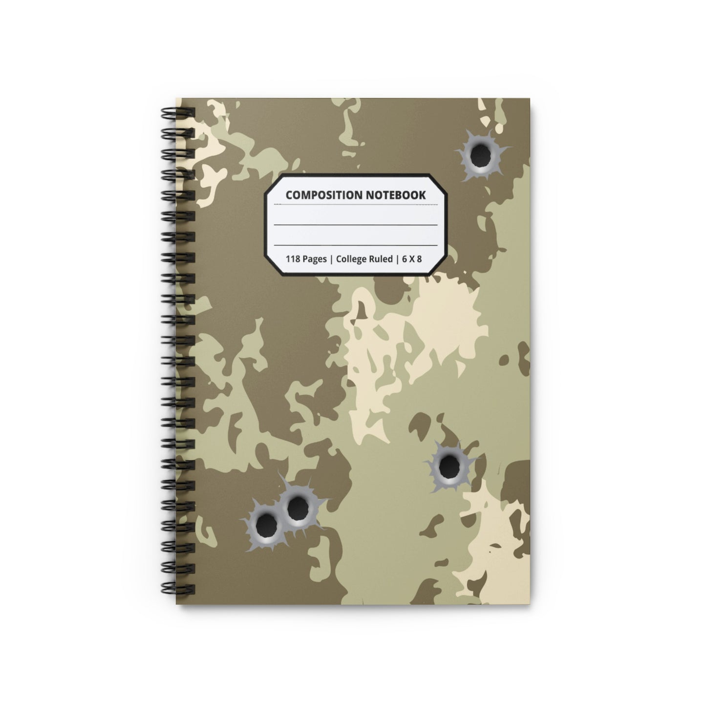 Camouflage spiral notebook with bullet hole designs, 118 pages, college ruled.