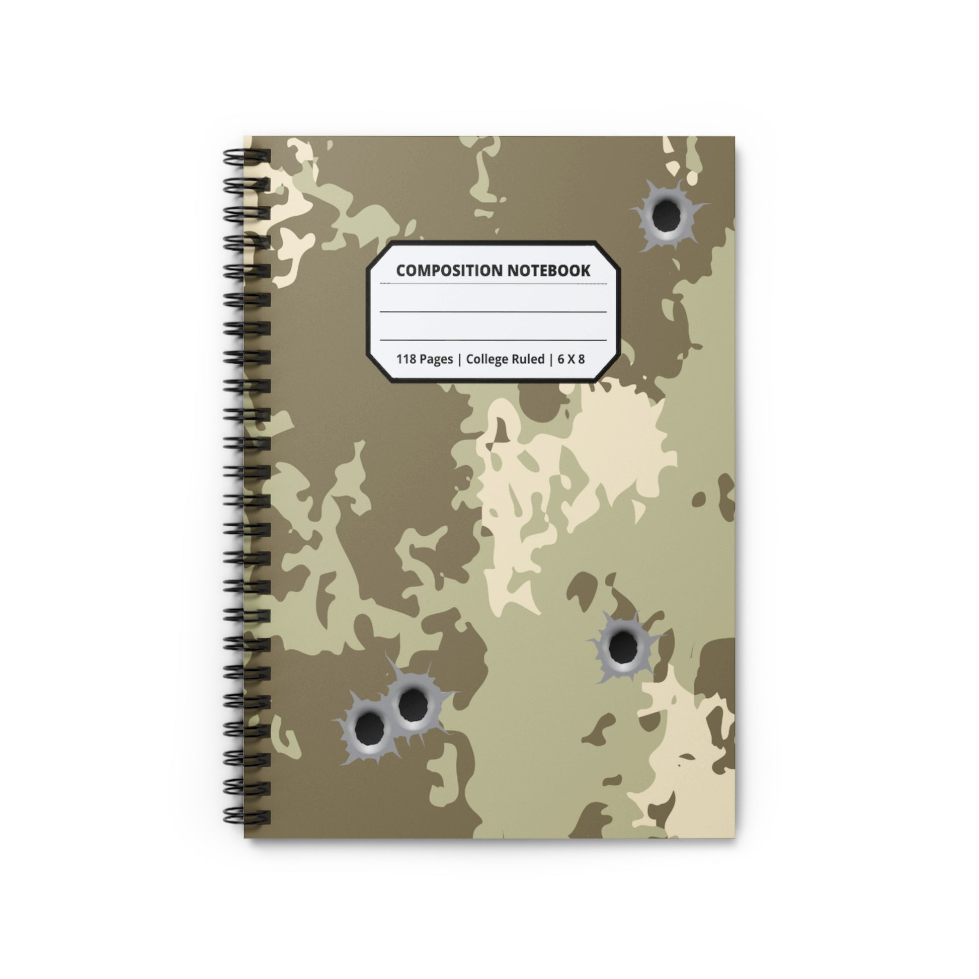 Camouflage spiral notebook with bullet hole designs, 118 pages, college ruled.