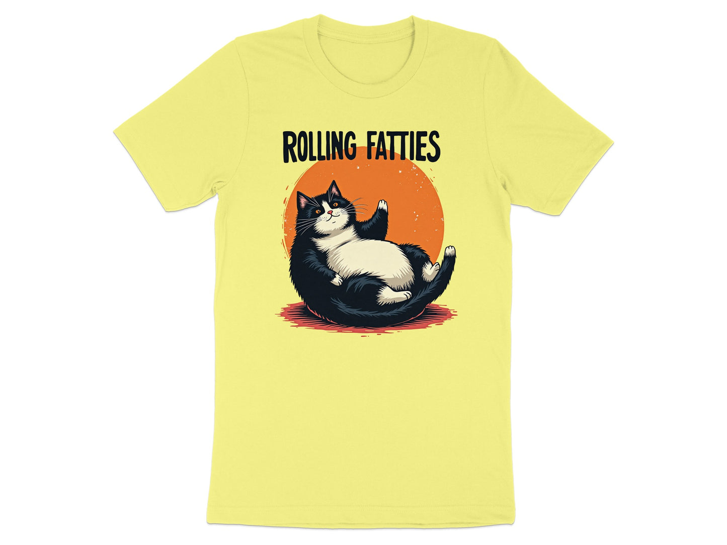 Yellow t-shirt with a fat cat rolling in front of an orange sun.
